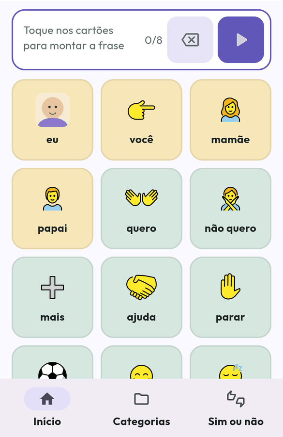 Tela do Apontaê: prancha com os cartões eu, você, mamãe, papai, quero, não quero, mais, ajuda e parar.