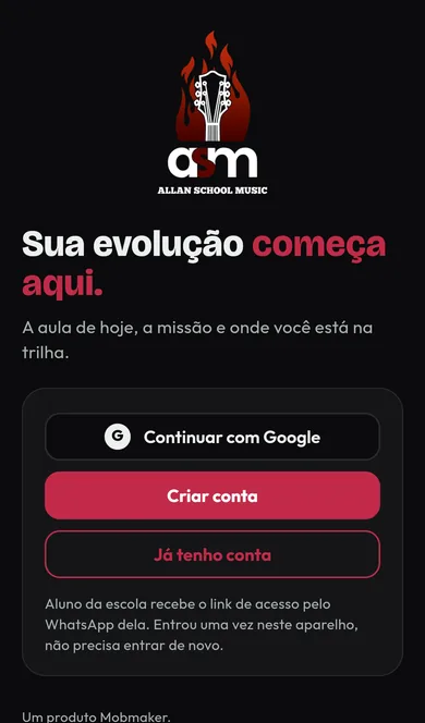O app do curso online no celular, com a entrada pelo Google ou pelo link da escola.