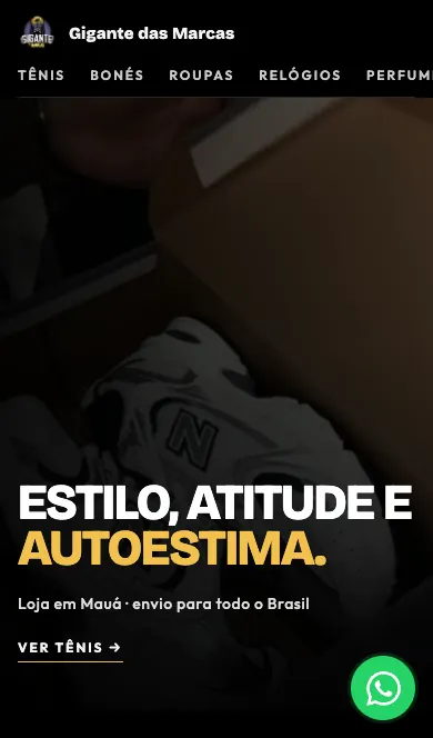 Loja da Gigante das Marcas no celular, com as categorias no topo.