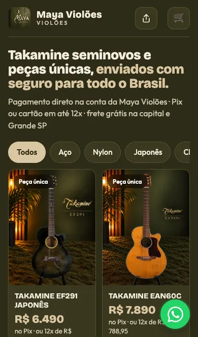 Vitrine da loja Maya Violões no celular, com os violões, o preço e os filtros.
