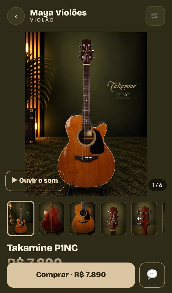 Página de um violão com as fotos e o botão Ouvir o som.
