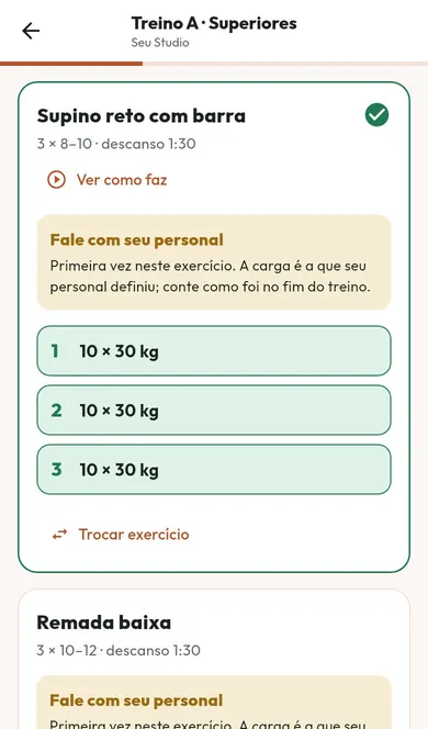 Tela do Treinaê com dados de exemplo: o treino do aluno com séries e carga.